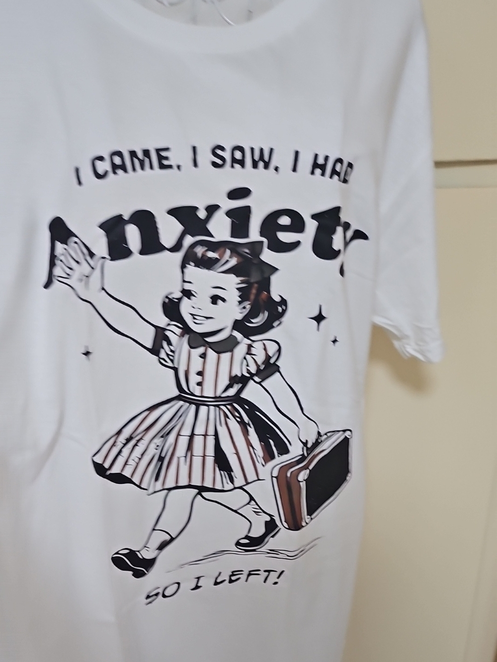 White Graphic Tee - 'Anxiety' Retro Girl Design